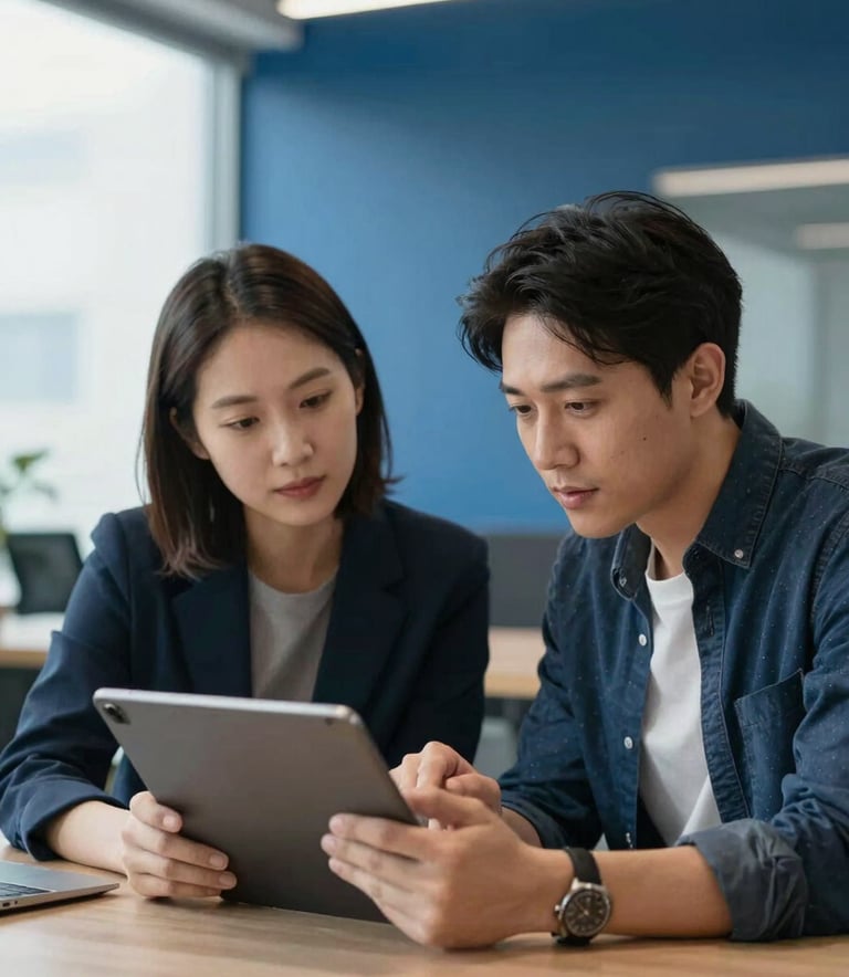 Two technology professionals in a modern North American office collaborating over a tablet device, discussing a new application concept. The setting is bright and professional with a deep blue accent wall.
