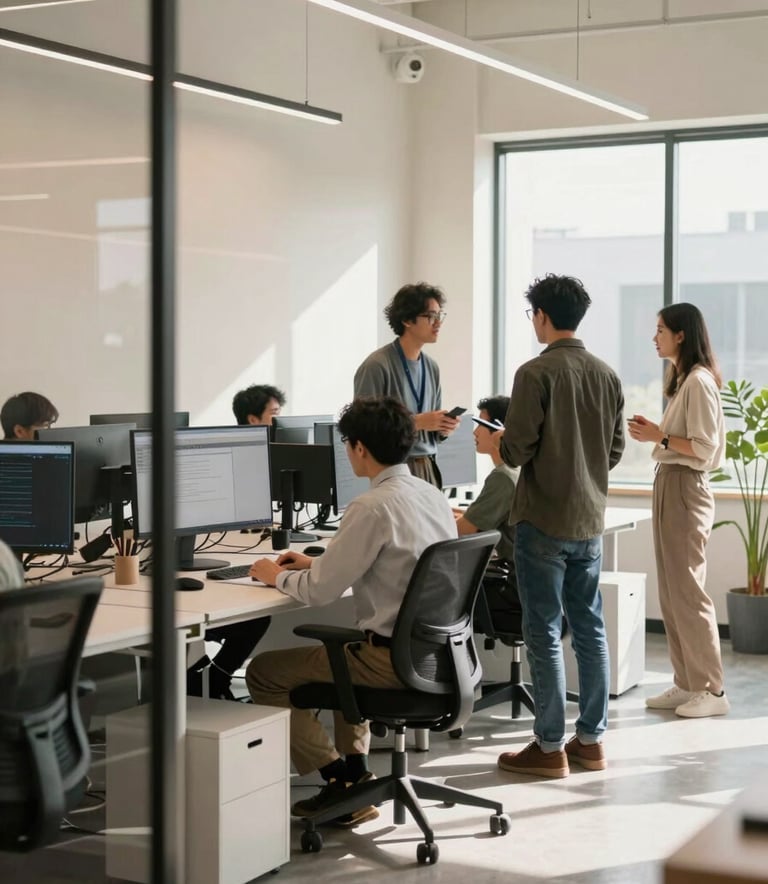 Professional photography of a bright, modern software development studio in the North American US. A group of tech professionals in business casual attire are collaborating in a space featuring cream-colored walls and sleek glass partitions, with soft, natural daylight.