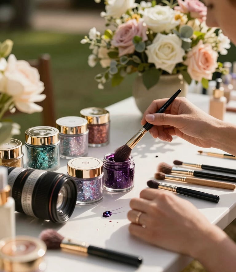 Close-up of a high-end face painting station at a Southern European garden party, featuring premium glitter jars, professional brushes, and elegant floral decorations under warm natural sunlight.
