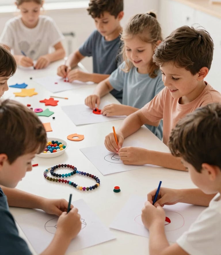 A group of happy Southern European children engaged in a creative workshop. Bright, clean aesthetic, high-quality materials like fabrics and beads. The atmosphere is festive but organized and premium, with warm Mediterranean light.