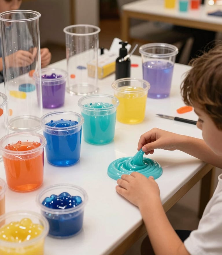 A vibrant and elegant Slime PRO workshop station in a luxury Spanish venue. High-quality transparent materials, glitter, and personalized containers. Professional lighting, focused on a Southern European child's hands creating slime, modern and artistic composition.