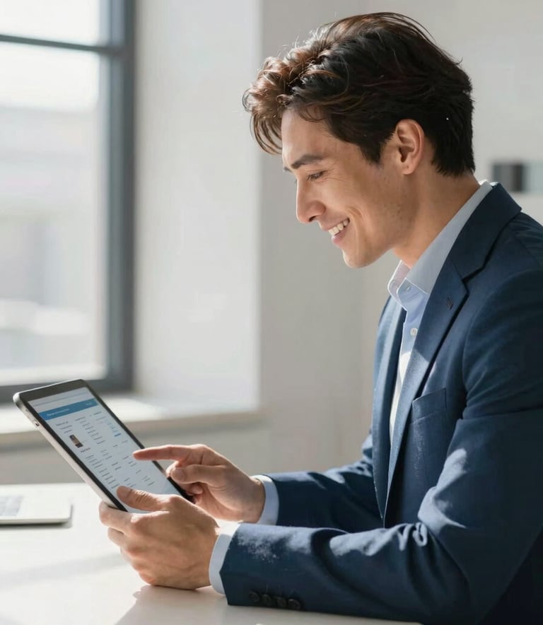 A professional real estate agent in North American / US business attire, smiling while looking at a tablet showing a clean, high-tech interface in a sunlit Steel Blue and Cloud White office.