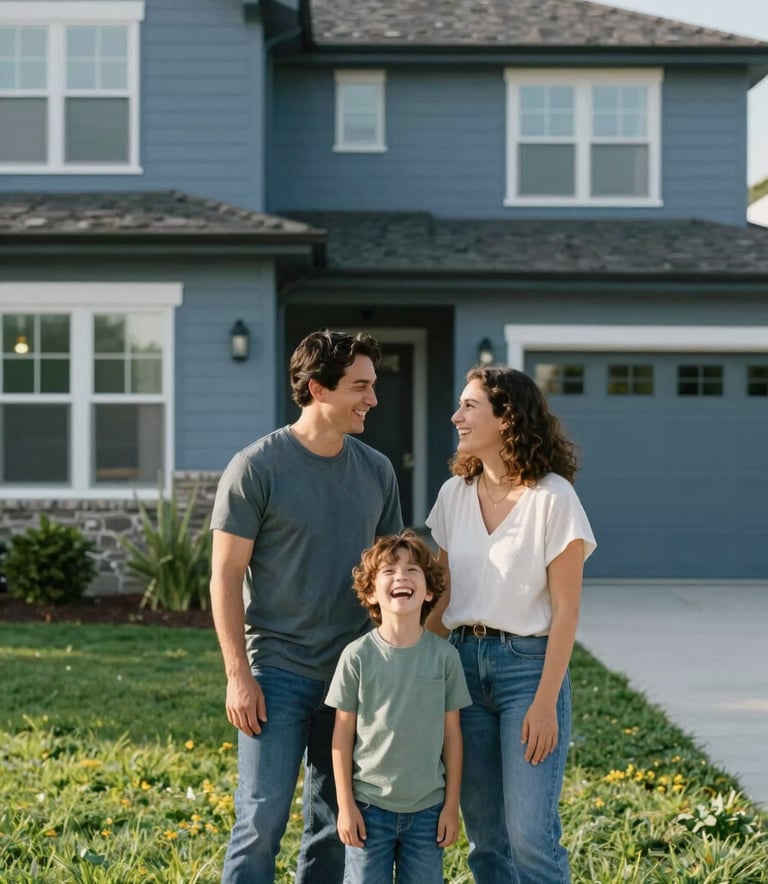 A happy North American / US family, a couple and a child, laughing in front of a modern suburban house with a well-maintained garden in bright afternoon sun, incorporating Steel Blue and Trust Green tones.