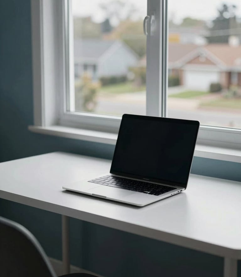 A sleek, minimalist workspace in a modern North American / US home office, featuring a laptop on a clean white desk with a view of a suburban neighborhood through a window, soft morning lighting, muted slate blue accents in the decor.