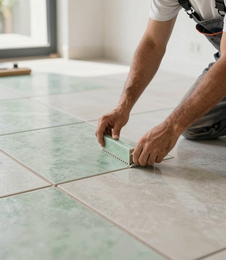 Close-up of a professional construction expert in clean work attire precisely installing high-end large-format porcelain tiles in a modern South American apartment. The lighting is bright and natural, highlighting the clean lines and dusty green and pale sage tones of the materials. Professional and reliable atmosphere.