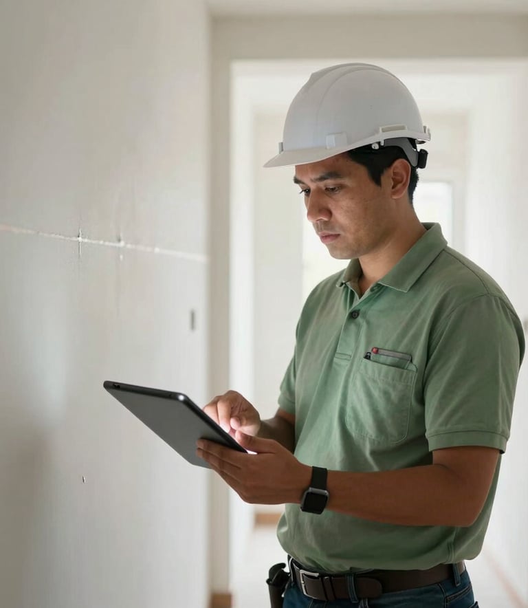 A South American construction supervisor holding a digital tablet, reviewing the finishing details of a bright, modern corridor. The scene exudes professionalism and precision, with a color palette of sage green and off-white.