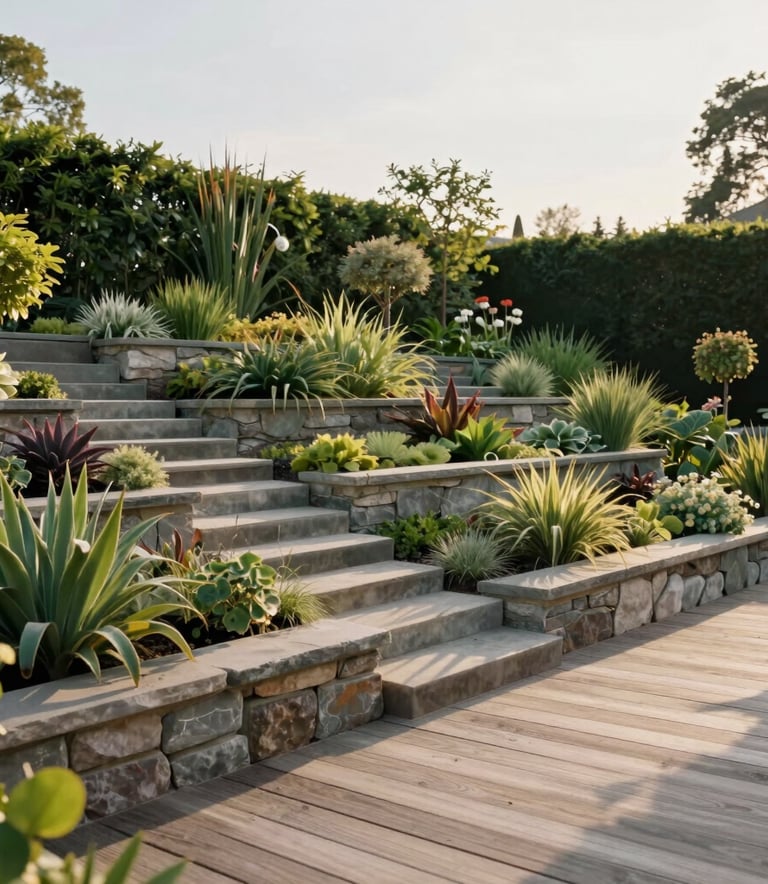 Wide angle shot of a beautifully maintained garden landscape in Germany, featuring multi-level stone terraces, diverse green plants, and a clean wooden deck, shot during the golden hour with soft shadows.