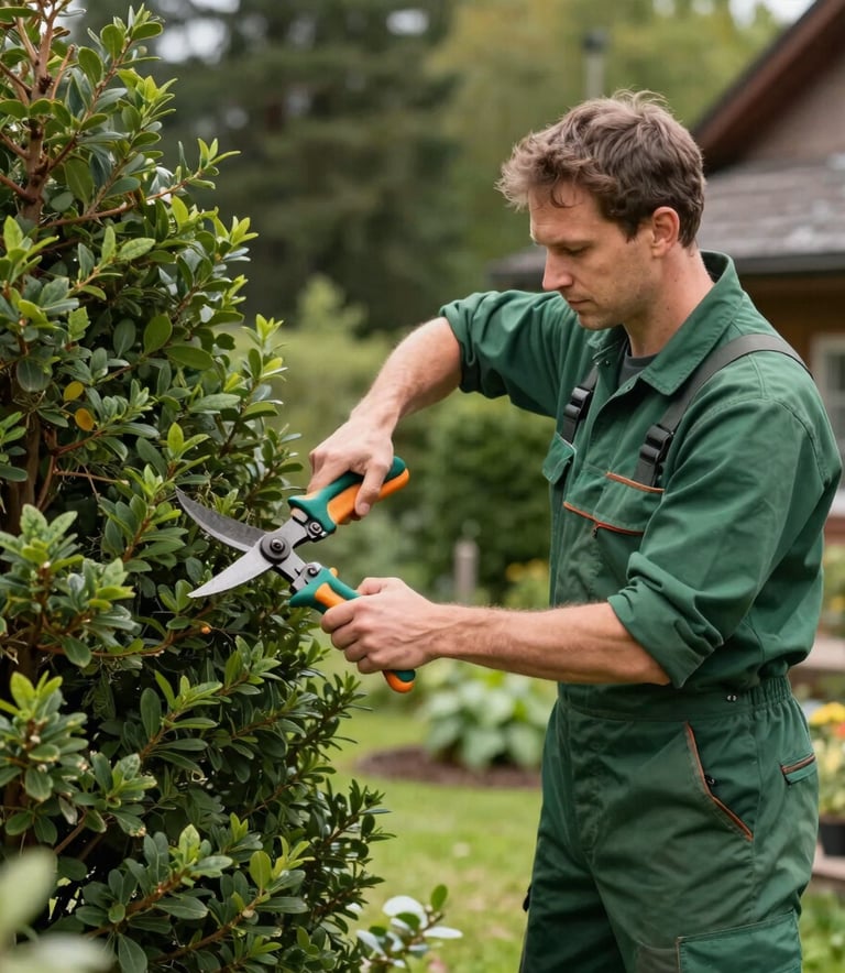 Photography of a professional gardener in forest green workwear using high-quality shears to prune a large shrub in a Central European residential setting.