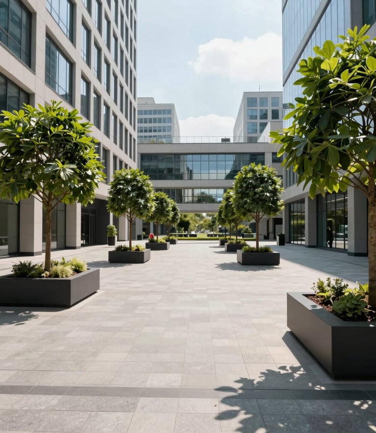 Wide-angle photography of a clean paved commercial courtyard with elegant planter boxes and manicured trees in a Central European business district, high-quality maintenance, bright day.
