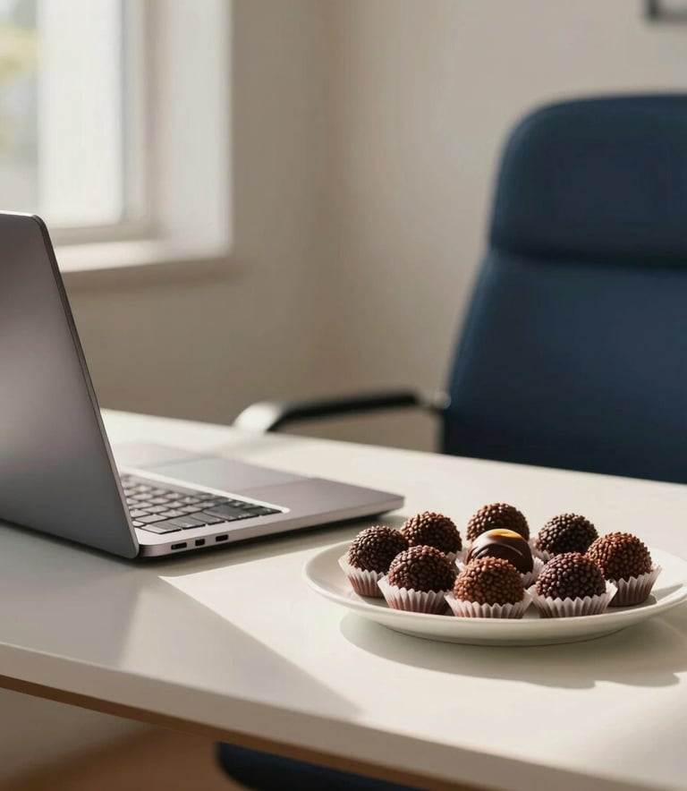Professional South American Brazilian office setting where a desk features a modern laptop and a plate of gourmet brigadeiros, warm sunlight, inviting and efficient atmosphere, palette of off white and dark blue.