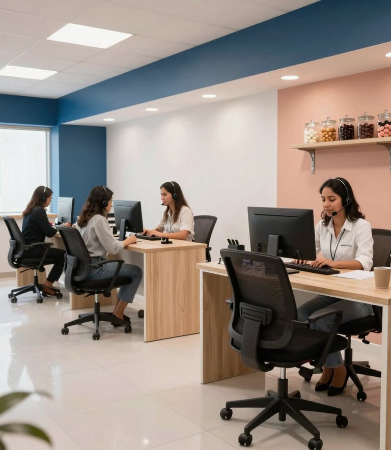 Wide shot of a clean and modern South American Brazilian customer service center with ergonomic furniture, decorated with subtle elements of a bakery like glass jars of sweets, professional lighting, blue and peach accents.