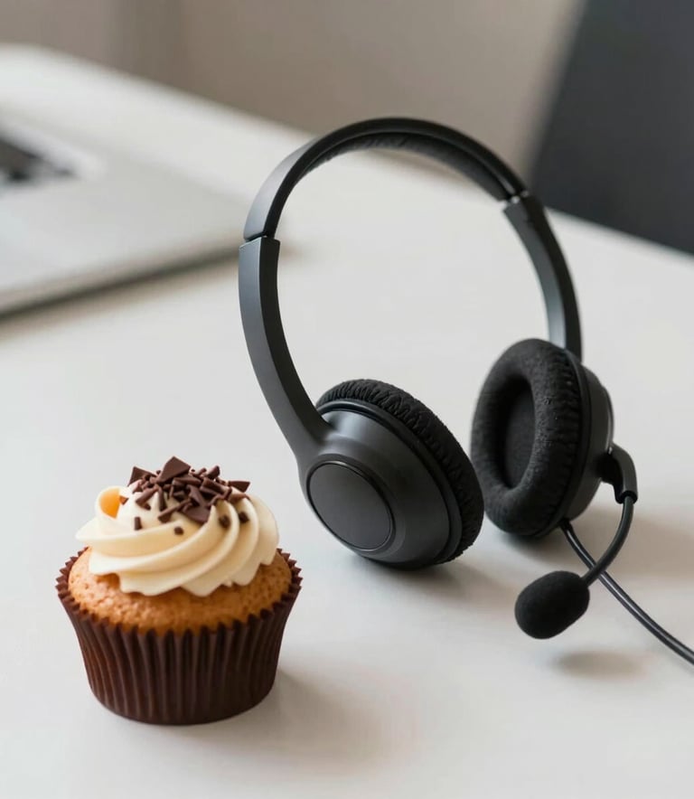 A close-up shot of a modern call center headset resting next to a gourmet cupcake with chocolate shavings on a clean white table. Soft natural light, Brazilian setting, focusing on the blend of technology and confectionery.