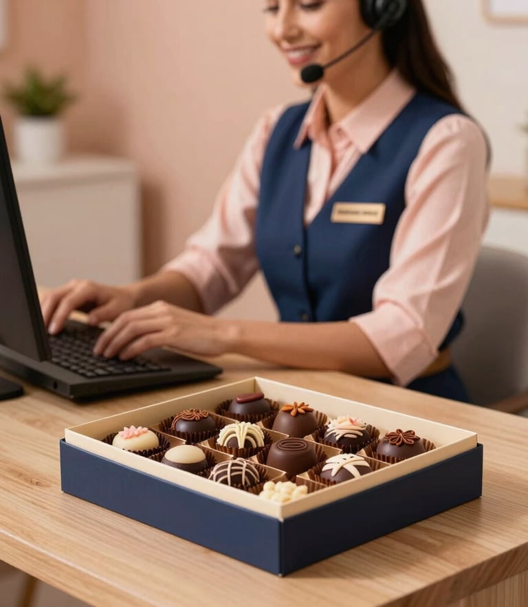 A professional Brazilian workspace with a smiling attendant wearing a headset. In the foreground, a beautifully presented box of gourmet sweets is placed on a light wood desk. The lighting is warm and inviting, using soft peach and navy blue tones.