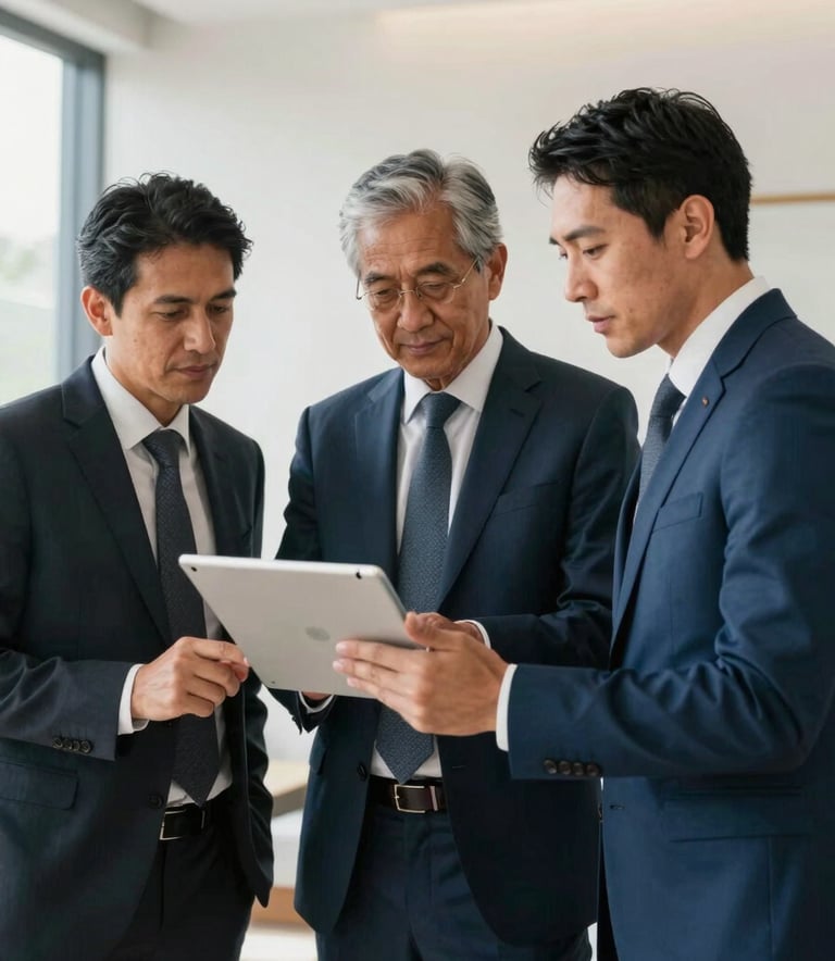 A high-end, professional photograph of a business collaboration in a bright South American corporate setting. Professionals are looking at a tablet together, radiating confidence and partnership. The scene is minimalist and modern, incorporating soft off-white and medium blue tones in the decor.