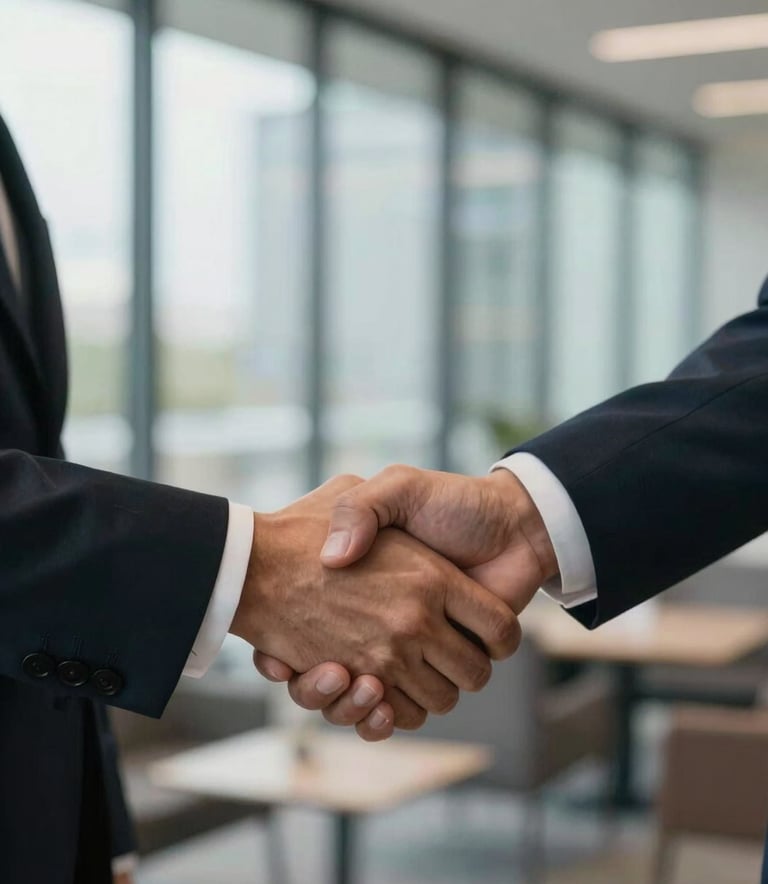 A close-up shot of a professional handshake between two partners in a corporate lounge. Soft Brazilian daylight filters through glass walls. The mood is trustful and successful.
