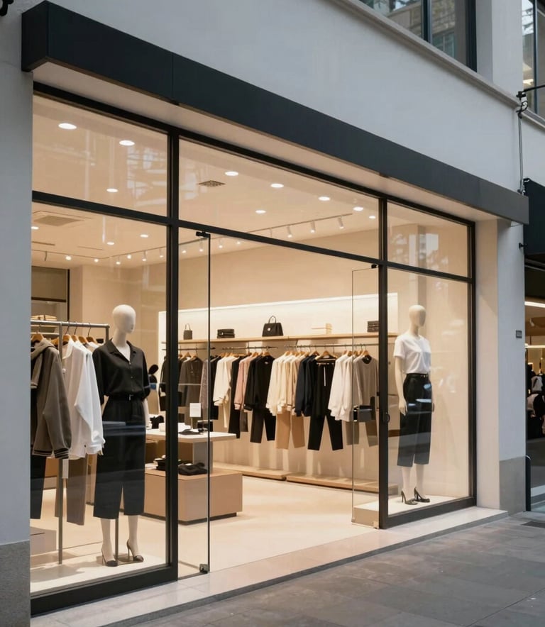 A high-end retail store environment in a South American metropolis, showing clean architectural lines and a focus on product presentation. The lighting is crisp and the style is modern.