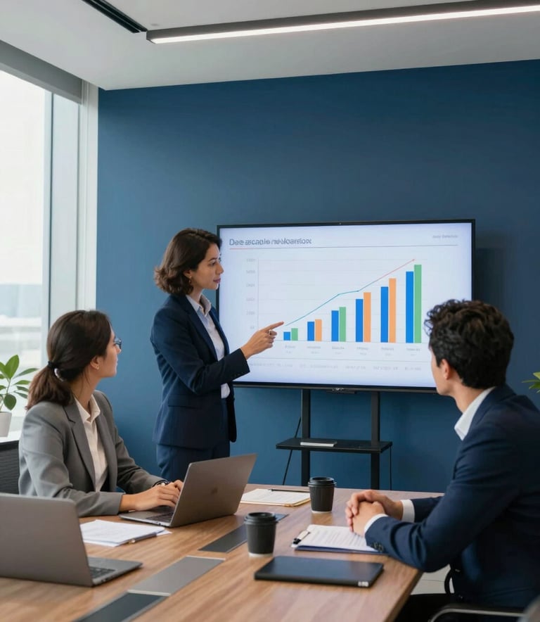 A wide-angle professional photograph of a strategic business meeting in a modern Brazilian office. Two professionals in smart attire are discussing sales metrics on a digital screen. Bright, natural lighting creates a clean, sophisticated atmosphere with deep blue accents.