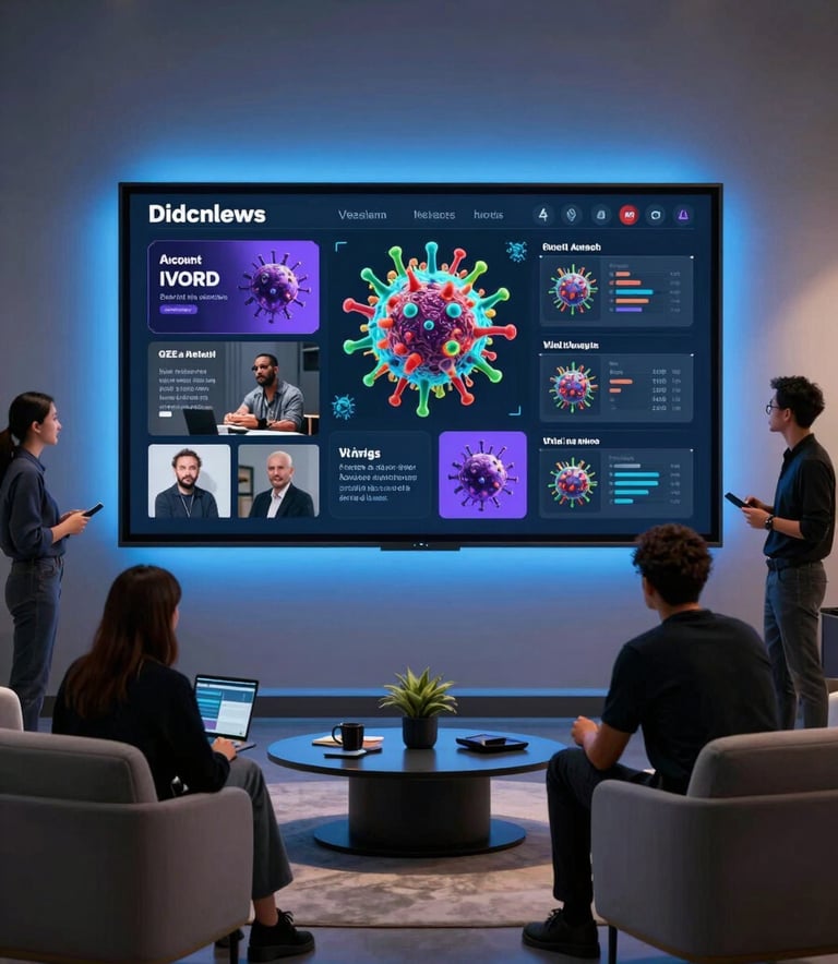 A professional North American studio setting where a team is reviewing viral content performance on a large screen with glowing indigo accents and sleek minimalist furniture.