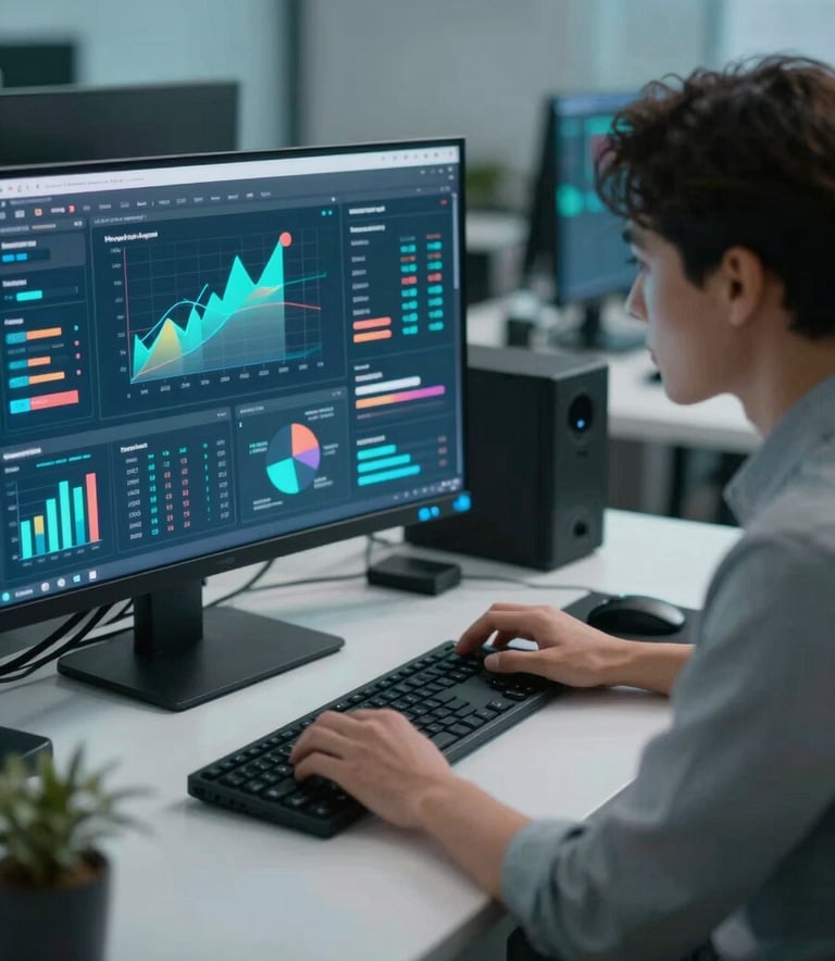 A professional in a modern North American workspace analyzing vibrant digital marketing dashboards. Soft cyan glows illuminate the desk and premium tech equipment.
