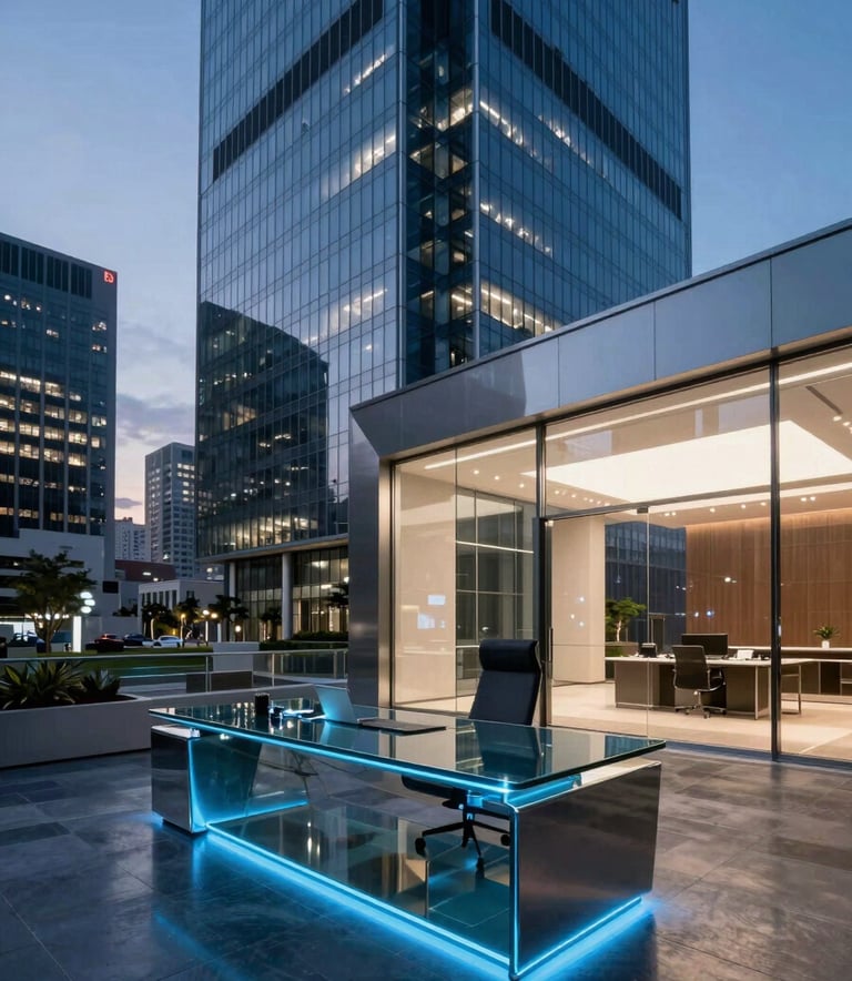 A sleek, modern North American office inside a skyscraper at dusk, vibrant indigo and cyan lighting illuminating a polished glass desk, premium futuristic atmosphere, wide-angle photography.