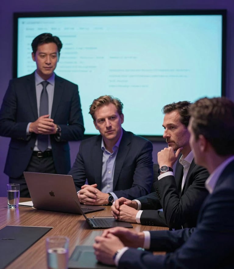 Professional strategy session in a futuristic North American boardroom, soft teal glowing screens in background, crisp focus on collaborative energy, cinematic lighting with deep navy and purple tones.
