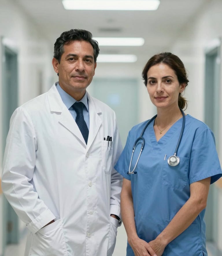 A Latin American male doctor in a clean white coat and a female anesthesiologist in medical blue scrubs, standing professionally in a minimal, high-tech hospital corridor.