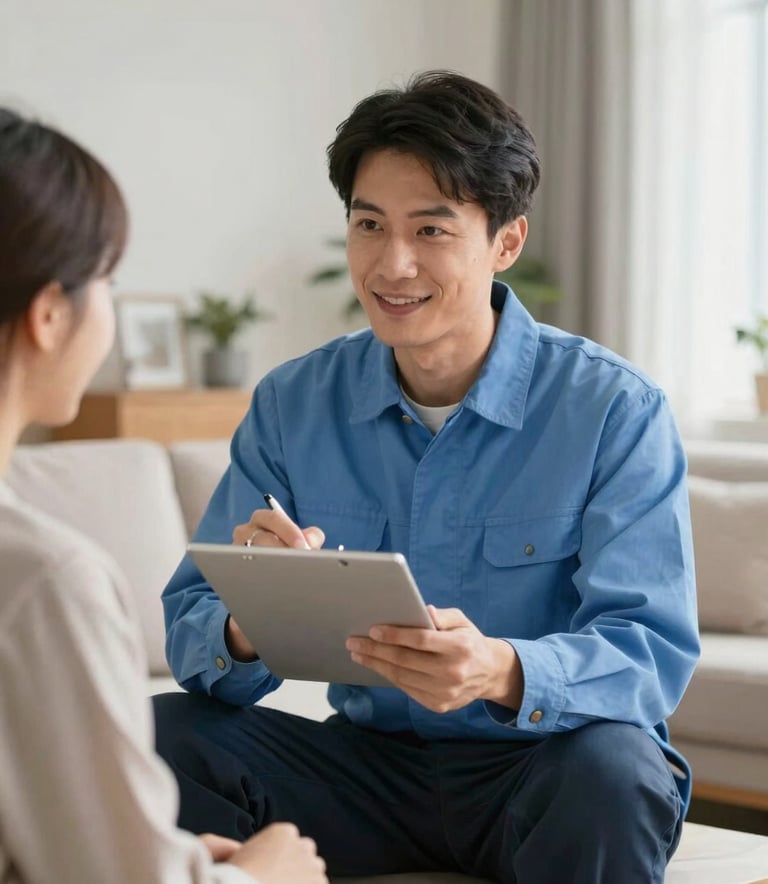A lifestyle photograph of a friendly electrician in a soft blue uniform discussing a service plan with a customer in a bright, modern North American living room. The atmosphere is calm, trustworthy, and helpful.