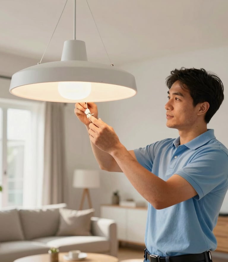A professional electrician in a clean soft blue polo shirt installing a modern pendant light in a bright North American living room, warm morning light, approachable and safe atmosphere.