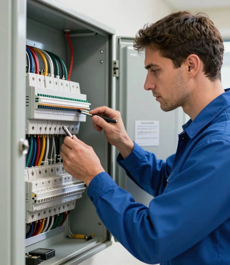 A close-up photography shot of a professional electrician in a clean soft blue uniform meticulously inspecting a modern, organized electrical panel in a North American home. The lighting is bright and clear, emphasizing safety and precision.