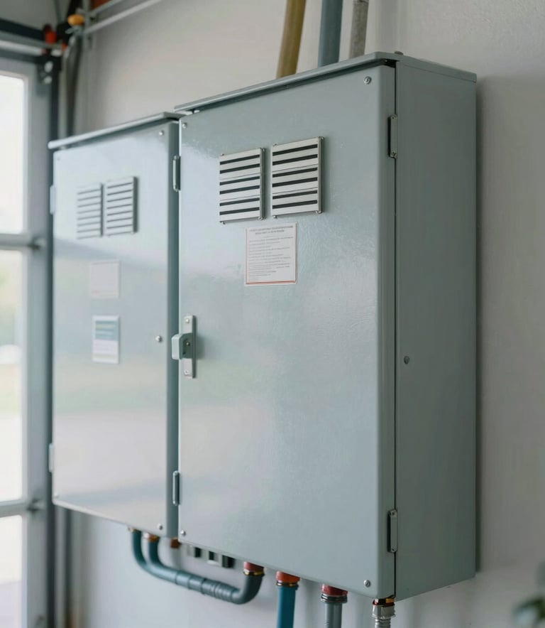 A detailed close-up of a professionally organized and clean residential electrical panel in a bright North American garage, soft blue and gray tones, safe and modern style.