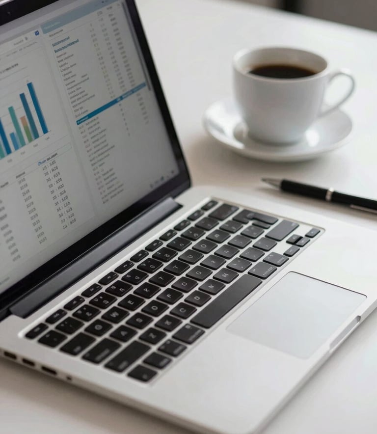 A close-up of a high-end laptop on a pure white desk showing blurred analytics data, with a cup of coffee and deep black stationery in a modern North American / US corporate setting.