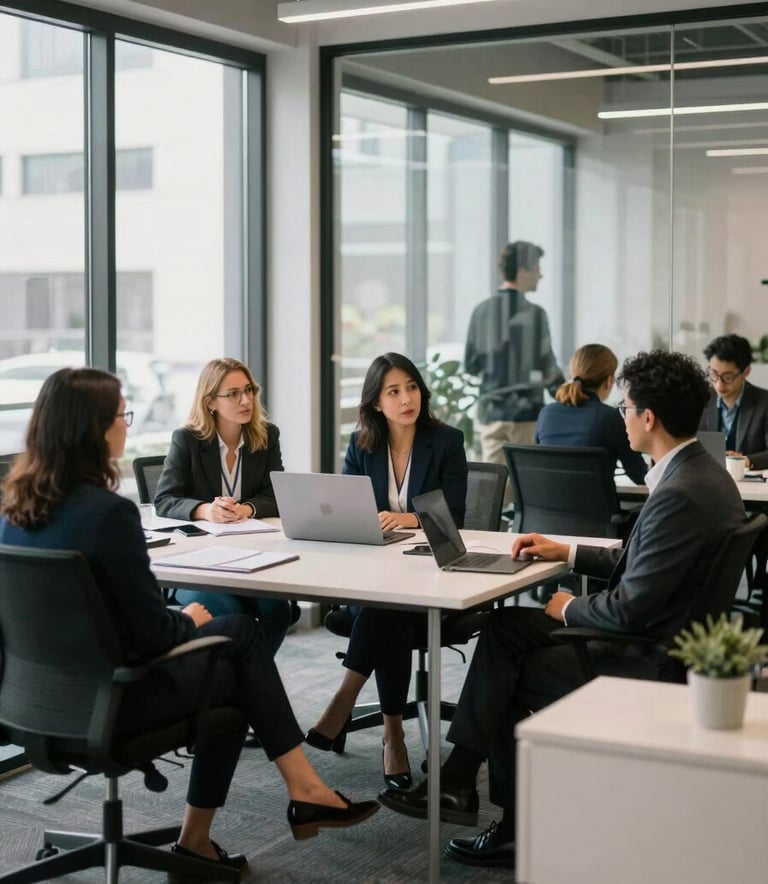 Photography of a diverse group of strategic marketing consultants in a collaborative North American / US workspace, glass walls, modern furniture in jet black and white, soft natural lighting, professional atmosphere.