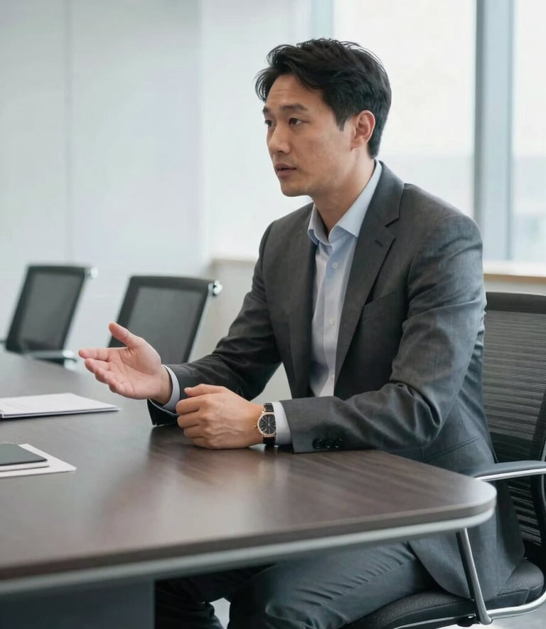 A professional consultant in a sharp suit discussing strategy in a bright, modern North American / US boardroom with dark charcoal grey furniture and natural light, featuring clean lines and a professional atmosphere.