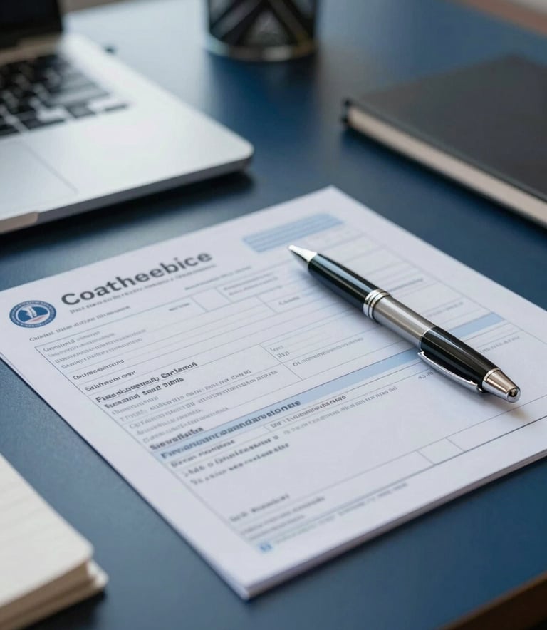 A close-up of a professional desk in a South American office, featuring vehicle registration forms, a modern pen, and a polished environment with steel blue and dark navy tones, evoking efficiency and trust.