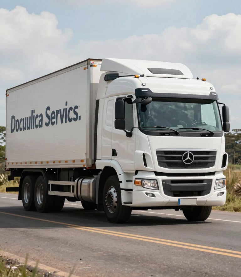 A modern white semi-truck parked on a well-maintained road in South America under a bright sky, symbolizing heavy vehicle documentation services.