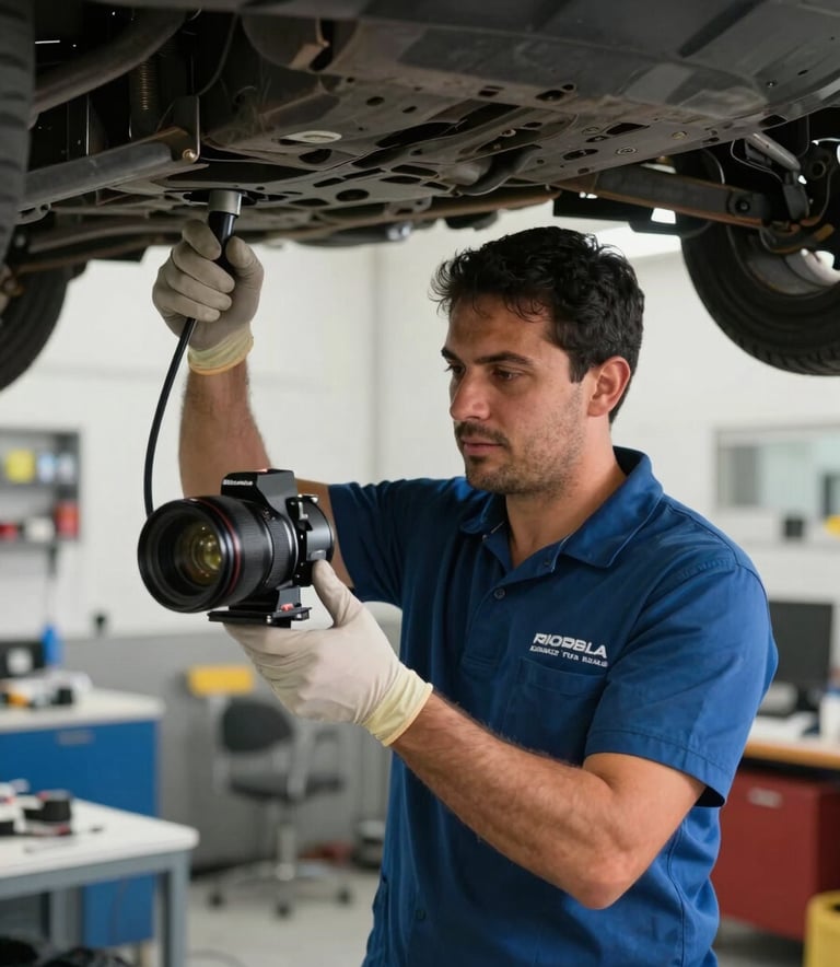 A professional technician performing a vehicle chassis inspection in a clean, modern workshop in a South American setting, focused lighting, professional atmosphere.