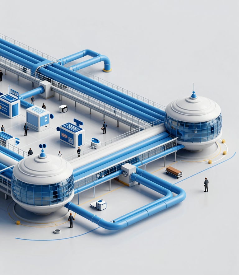 A sophisticated 3D MEP (Mechanical, Electrical, and Plumbing) coordination model for a modern UAE airport terminal. The image shows intricate piping and ductwork color-coded in shades of blue (#244B73, #6B9ECF) against a clean grey background, showcasing technical precision and structural complexity in a professional digital format.