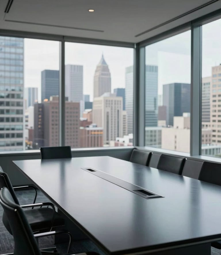 A minimalist and high-end conference room in a North American / US metropolitan city. The composition overlooks a cityscape through large windows, with a sleek dark navy table reflecting professional expertise and a results-oriented atmosphere.
