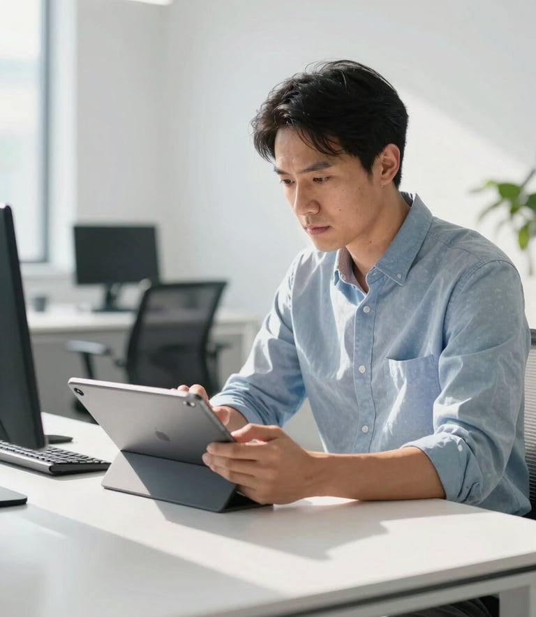 A professional marketing strategist reviewing digital campaign analytics on a sleek tablet in a sunlit, modern North American / US office space. The scene features a palette of white and soft blue with clean lines and a focused, authoritative mood.