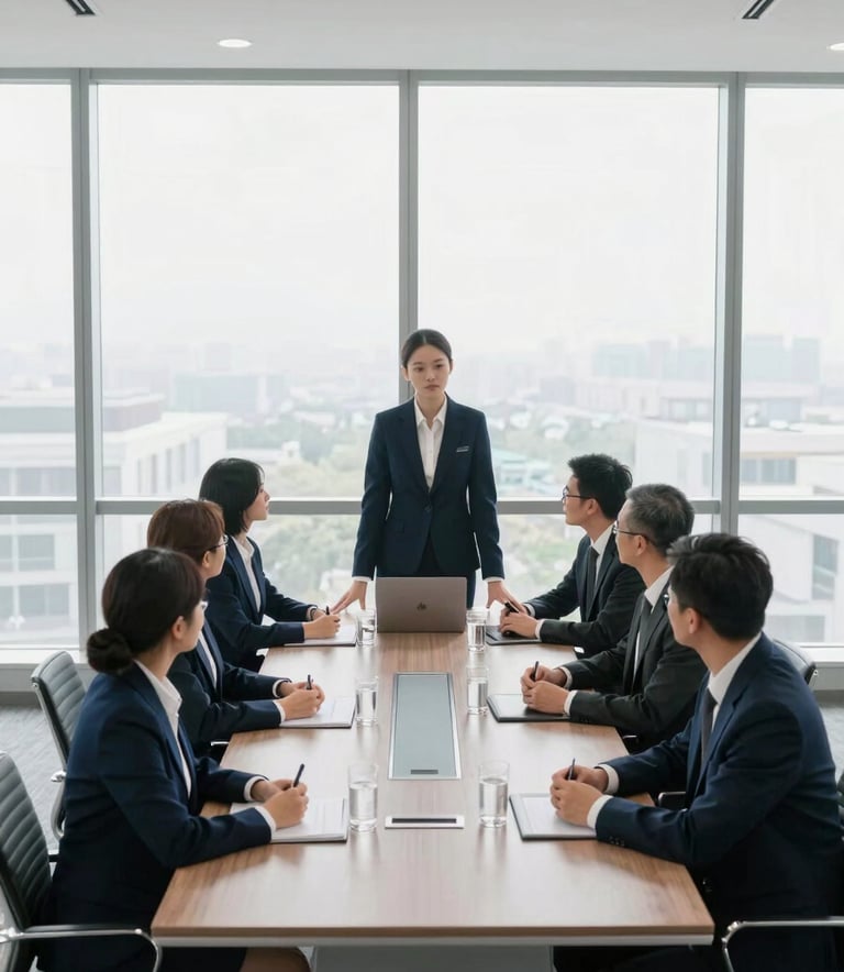 A high-angle photography shot of a sleek, professional team collaborating in a modern North American / US corporate boardroom with floor-to-ceiling windows. The environment features a palette of dark slate blue and bright white, conveying sophisticated authority.