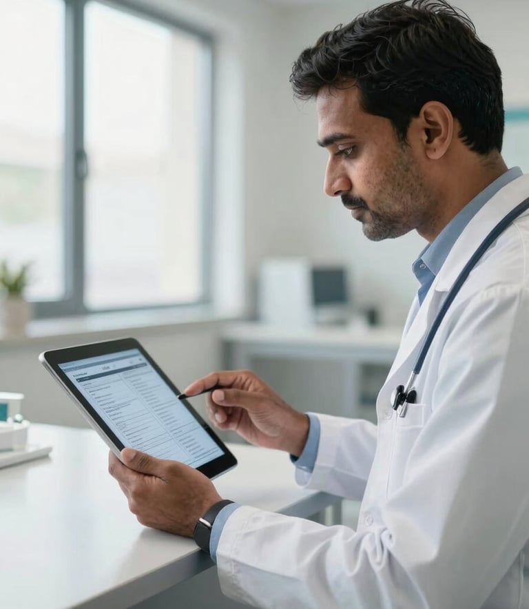 An Indian doctor in a bright, modern clinic reviewing digital patient records on a tablet during a consultation, natural daylight mixed with clean indoor lighting, medium shot.