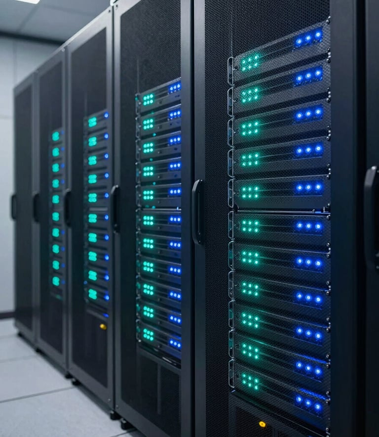 A high-tech server room with clean lines, featuring server racks glowing with Forest Teal and Deep Slate Blue indicator lights. The atmosphere is professional, modern, and perfectly organized, shot with a shallow depth of field.