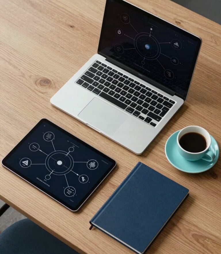 A top-down shot of a minimalist wooden desk featuring a high-end laptop, a tablet showing networking diagrams, and a cup of coffee. Accents in Soft Celadon Blue and Deep Slate Blue provide a sophisticated, professional vibe.