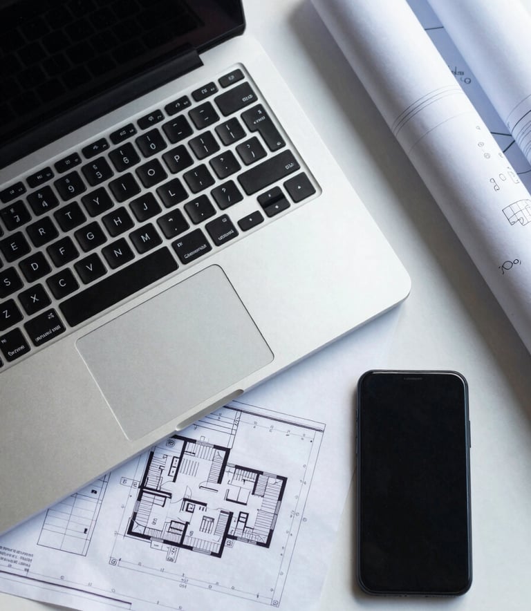 A top-down view of a professional workspace with a laptop, blueprints, and a smartphone, lit by cool morning light in Crisp Mist White and Soft Slate Blue tones.