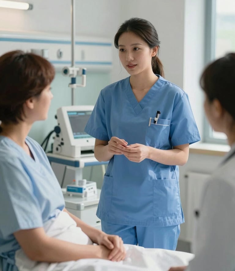 A professional registered nurse in a medium blue uniform talking kindly with a patient in a modern, sunlit hospital ward in London, UK. The atmosphere is calm and reassuring, with high-quality medical equipment visible in the background.