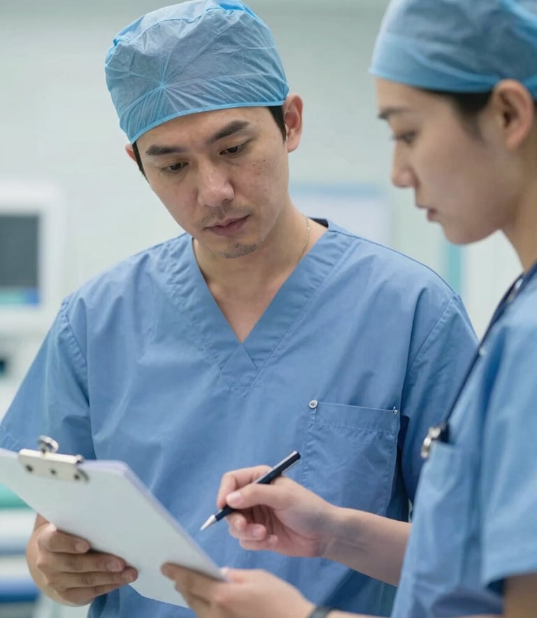 A close-up shot of two healthcare professionals in scrubs reviewing a medical chart together in a high-tech London hospital, professional and focused mood, bright alice blue and medium blue tones.