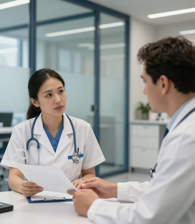 Two healthcare professionals in a professional meeting at a London clinic, discussing documents on a desk. The room is modern with glass walls and steel blue accents. British English / UK.