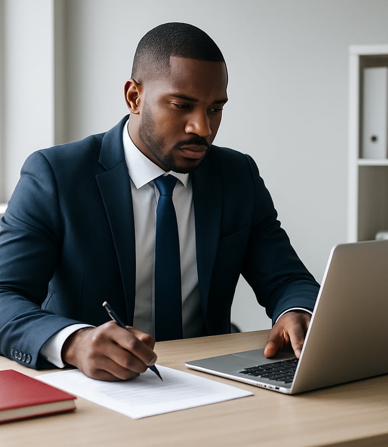 A professional business consultant in a deep navy blue suit working in a modern, sun-lit office with light gray walls. High-end editorial photography style with white and red accents.