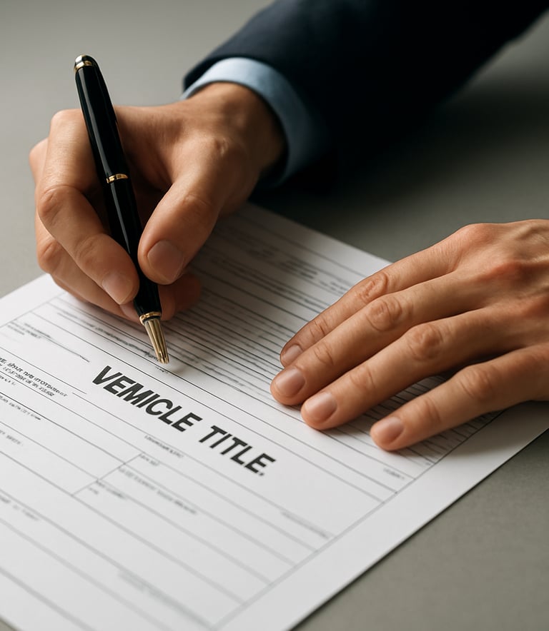 Close up of professional hands signing official vehicle title documents on a clean soft gray desk with bright lighting.
