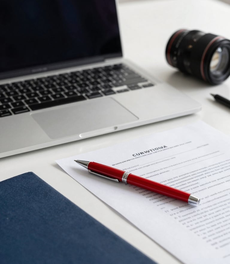 Close-up of a organized workspace with a high-end laptop, a premium red pen, and official-looking documents on a white desk. Soft professional lighting, clean and premium atmosphere with deep navy blue accents.